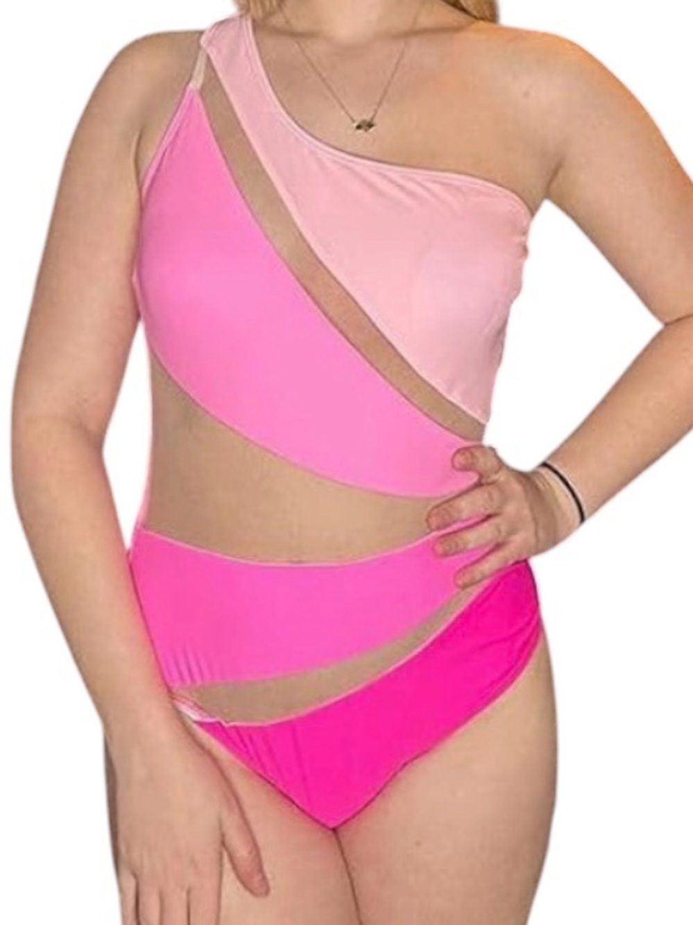 SHEIN Swin SXY‎ One Piece Bright Pink One Shoulder Colorblock Cutout Swimsuit